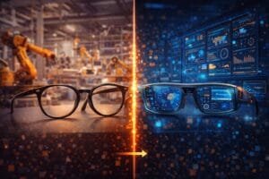 A pair of regular eyeglasses transitions into smart glasses displaying digital data, with a blurred factory background on the left and high-tech control screens on the right.
