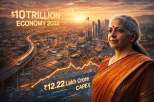 An Indian woman in a saree stands before a cityscape at sunset with graphics showing “$10 trillion economy 2032” and “₹12.22 lakh crore CAPEX.”.