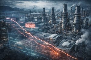 An industrial complex with smoke stacks is overlaid with a digital graph showing a downward trend and the word "DEFICIT" in red.