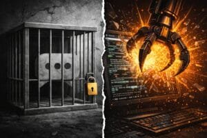 A split image shows a chat icon locked in a jail cell on the left and a robotic claw hacking a computer with code on the right.
