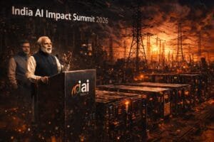 Two men stand at a podium labeled "India AI" at the India AI Impact Summit 2026, with an industrial cityscape and numerous power lines in the background.