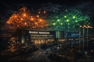 Bharat Mandapam building at night with orange and green digital network graphics above and three Indian flags in the foreground.
