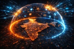 A digital illustration of India illuminated in orange, encircled by a dome with glowing icons representing technology, communication, and cybersecurity.