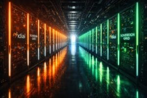 A futuristic server room with rows of illuminated servers in orange, white, and green labeled "SOVEREIGN GRID" and "India AI," leading to a bright opening at the end.
