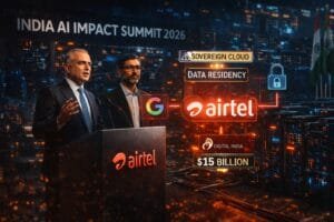 Two men speak at a podium with Airtel branding at the India AI Impact Summit 2026, with graphics showing cloud, data residency, $15 billion investment, and Google logos.
