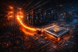A glowing power line connects to a computer chip on a circuit board, symbolizing the transfer of energy and data in a high-tech, server-filled environment.
