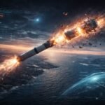 A rocket breaks apart in midair above a coastline, with flames and debris visible; on-screen data indicates a "Stage 3 Failure" for the PSLV-3 launch.