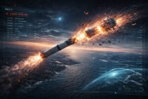 A rocket breaks apart in midair above a coastline, with flames and debris visible; on-screen data indicates a "Stage 3 Failure" for the PSLV-3 launch.