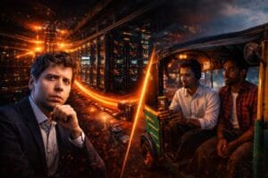 A man in a suit poses thoughtfully in front of a cityscape with data streams; beside him, two men sit in a rickshaw, one using a smartphone, with a digital divide between them.