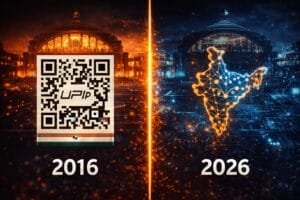 Split image: left side shows a QR code labeled "UPI" with "2016" below; right side shows a digital map of India with "2026" below, symbolizing technological progress.
