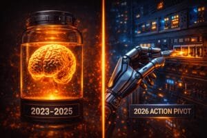 A glowing brain in a jar labeled "2023-2025" is shown on the left; on the right, a robotic hand connects a cable to a server labeled "2026 Action Pivot.
