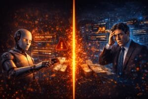A robot hands cash to a worried man across a fiery divide, with digital warnings of "rug pull token" and "illegal contraband coins" displayed in a greed-themed cyber setting.