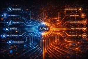 A digital graphic shows "Alfred" at the center, linking blue icons for financial metrics on the left and orange icons for business strategies on the right.