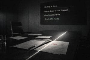 A dimly lit conference room with documents and pens on the table; a projected screen lists meeting actions including a 10% discount, drafting a legal contract, and creating JIRA tickets.