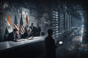 Officials from India and the US sign documents at a table with national flags, while others observe; a person works on a laptop in a data center setting.