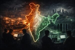 A digital map of India with circuit patterns is overlaid on a cityscape, as several people work on laptops, symbolizing technology and cybersecurity.