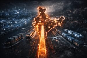 A glowing map of India overlays a dark cityscape with cargo ships, containers, and drones, symbolizing trade and technological infrastructure.