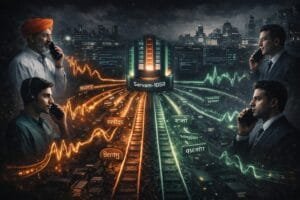 Four men speak on phones in different languages, visualized as colored sound waves converging at a central AI server labeled "Sarvam-105B," with a cityscape backdrop and train tracks beneath.