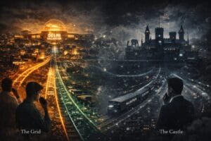 A divided cityscape at night features a glowing, modern city labeled "The Grid" on the left and a dark, castle-like fortress labeled "The Castle" on the right, separated by train tracks.