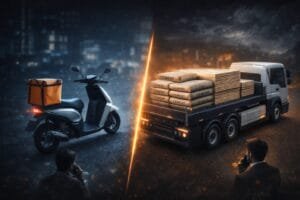 A delivery scooter with an orange box faces a flatbed truck loaded with cement bags and wooden planks, separated by a glowing line, with two people observing.