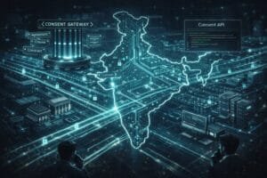 A digital map of India displays interconnected data lines, a "Consent Gateway," "Consent API," and icons for agreements, clauses, and contact, with two people observing computer screens.