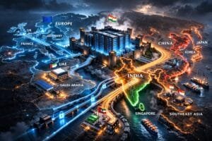 A digital illustration shows India as a glowing tech hub connecting to Europe, China, Japan, UAE, Singapore, and Southeast Asia via illuminated data pathways on a world map.