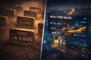 A split image: on the left, gravestones labeled "LIKES 0,000" in a barren landscape; on the right, people view a digital real-time sales dashboard in a futuristic city setting.