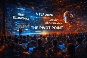 A speaker presents a slide on "NTLF 2026: The Pivot Point" at a conference, featuring terms like "Unit Economics" and "Agentic Orchestration" with a digital face graphic.