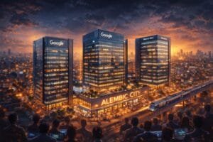 Three tall office buildings labeled "Google" and "Mamba BIC" stand above a complex called "Alembic City," with a train passing by at sunset and people observing in the foreground.