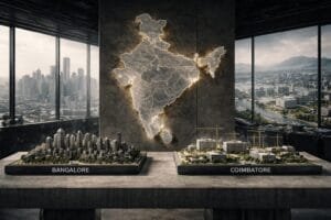 A lit map of India is displayed on a wall between two architectural models labeled Bangalore and Coimbatore, set in a modern office with city views through large windows.