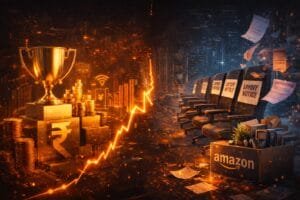 A glowing trophy and currency symbols represent financial success on the left, while layoff notices and Amazon boxes on office chairs signify job losses on the right.