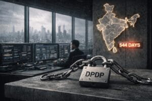 A metal padlock labeled "DPDP" with a chain is in the foreground; in the background, a person works at computers, and a digital map of India displays "544 days.