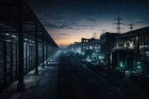 A large industrial complex with rows of server racks and factory buildings, illuminated by artificial lights at dusk, with power lines visible in the background.