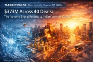 Split cityscape with icy blue left side and warm orange right side, stacks of coins and numbers; headline reads "$373M Across 40 Deals" about Indian venture capital in Q1 2026.