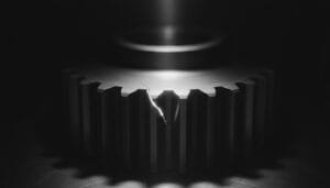 A close-up view of a metal gear with a visible crack running through one of its teeth, illuminated by a focused light source.