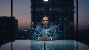A man in a suit sits at a desk with a digital network hologram display in front of him, in an office overlooking a city at dusk.