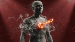 A digital rendering of a human figure with particles dispersing from its chest, featuring a glowing "CIRCUIT BREAKER" lever on the chest, set against a red, network-like background.