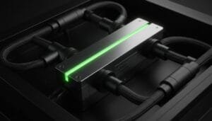 A metallic electronic device with four thick cables attached and a green LED strip glowing on top, set in a dark, industrial environment.