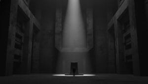 A person stands alone in a large, dark, empty chamber, illuminated by a single beam of light focused on a rectangular object in the center.