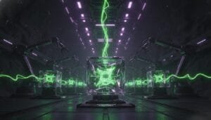 A futuristic laboratory with robotic arms and glowing green energy flowing through transparent cubes lined up in a dark, high-tech environment.