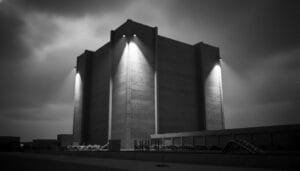 A large, windowless concrete building is illuminated by four exterior floodlights at night, casting shadows on its tall, featureless walls.