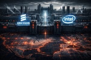 Futuristic cityscape with large Ericsson and Intel logos on buildings, digital map overlay with illuminated network lines across North America, under a cloudy sky.