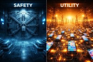 A split image showing a secure bank vault labeled "Safety" on the left and a field of smartphones connected to power lines labeled "Utility" on the right.