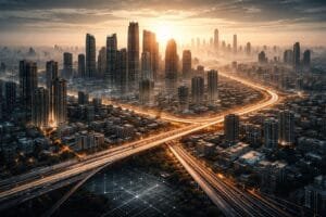Aerial view of a modern city at sunrise, featuring tall skyscrapers, intersecting highways, and densely packed buildings under a dramatic sky.