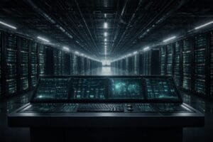 A control panel with multiple digital screens displays data in front of long rows of server racks inside a large, dimly lit data center.