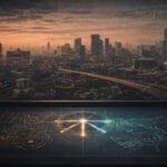 A futuristic city skyline at sunset with a digital control panel in the foreground displaying illuminated maps and data overlays.