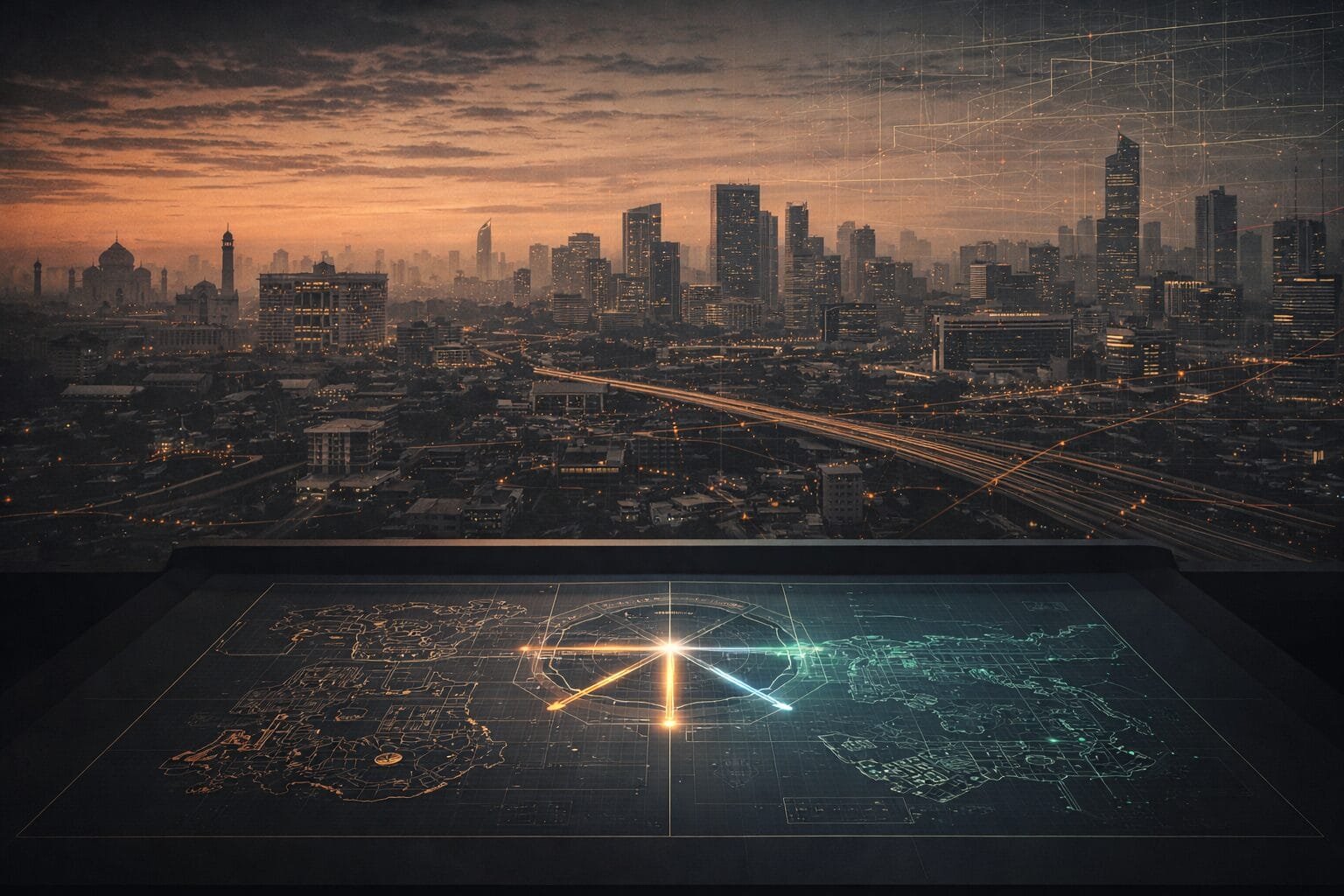 A futuristic city skyline at sunset with a digital control panel in the foreground displaying illuminated maps and data overlays.