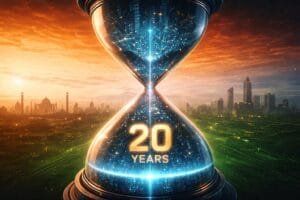 A large hourglass with "20 YEARS" inside, set against a backdrop blending a historic cityscape on the left and a modern skyline on the right, symbolizing the passage of time.
