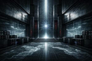 Futuristic, dark, high-tech room with glowing blue digital lines, large central doors, and illuminated core at the center, evoking a sci-fi or advanced technology setting.