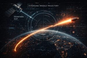 A satellite labeled "Digantara SCOT" tracks a glowing hypersonic missile trajectory as it arcs over Earth, with digital data overlays and a target interface displayed.